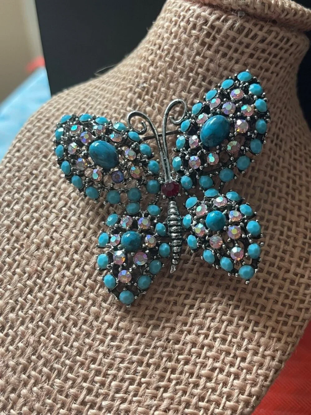 VTG Weiss Bejeweled Butterfly Brooch Turquoise Cabochons & Rhinestones 3.5